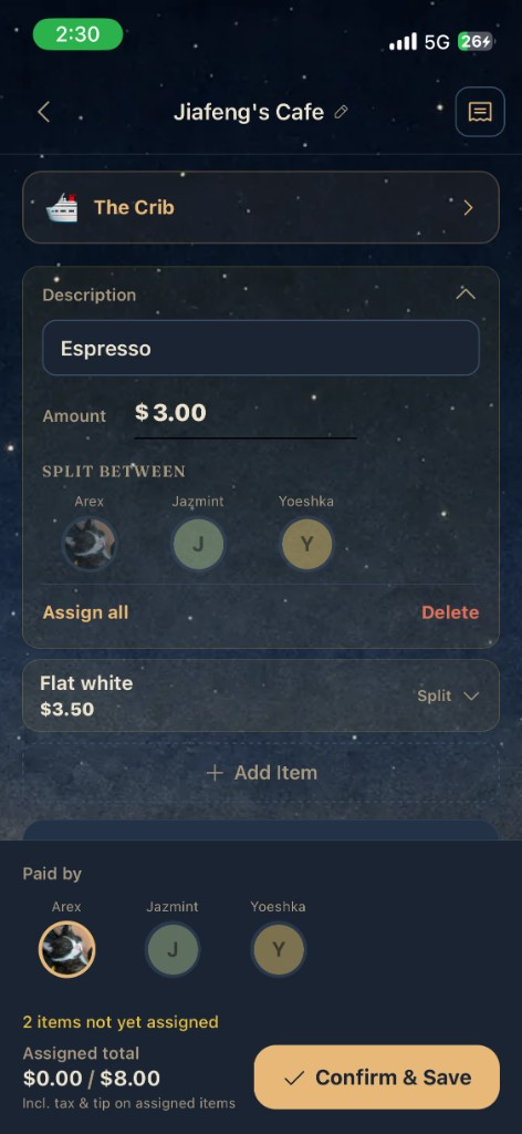 Assign receipt items to each person in your group
