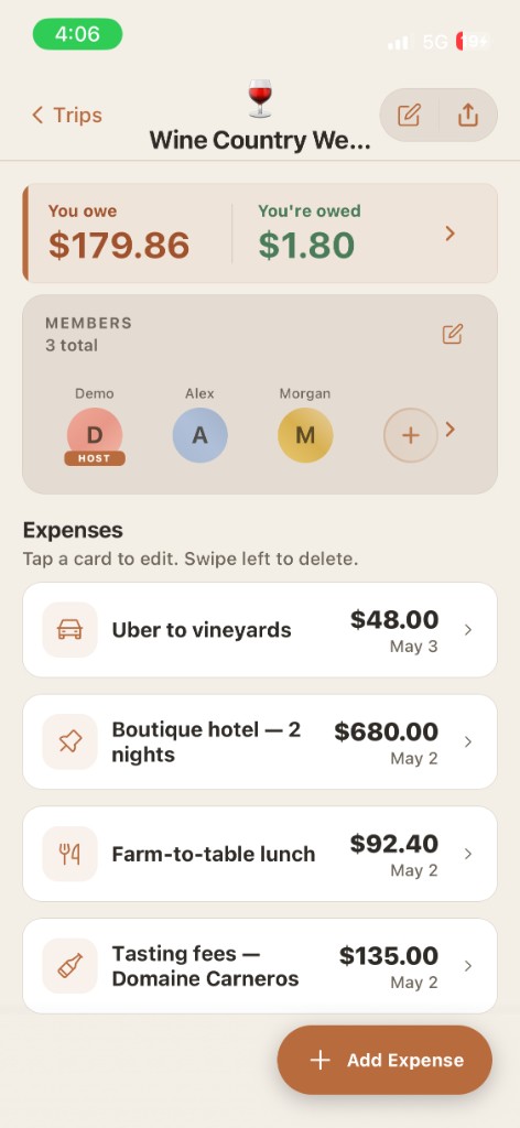 Trip balances and shared expenses in Pinch Split